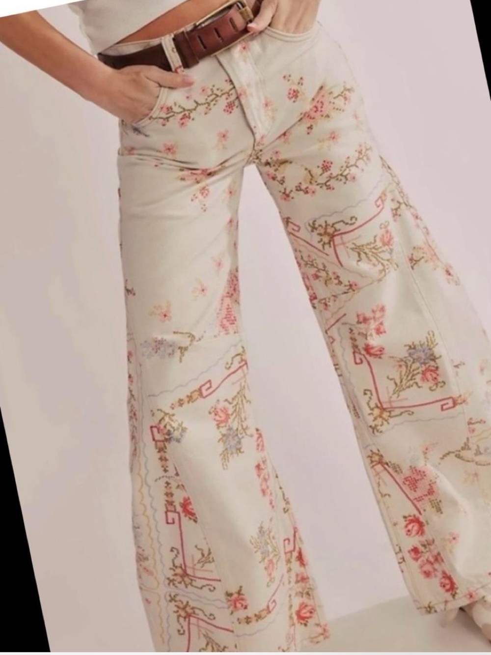 Free People We The Free Eden Printed Slouchy Flare Jeans Floral 30 NWOT - Picture 3 of 6